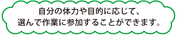 自分の体力や目的に応じて、選んで作業に参加することができます。